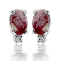 Red Emerald Cabochon & Single Diamond Slight Drop Earrings - Park City Jewelers