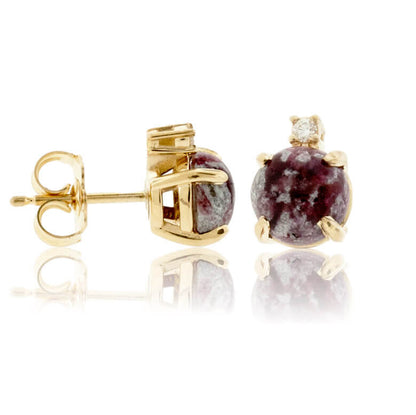 Red Emerald Cabochon & Single Diamond Slight Drop Earrings - Park City Jewelers