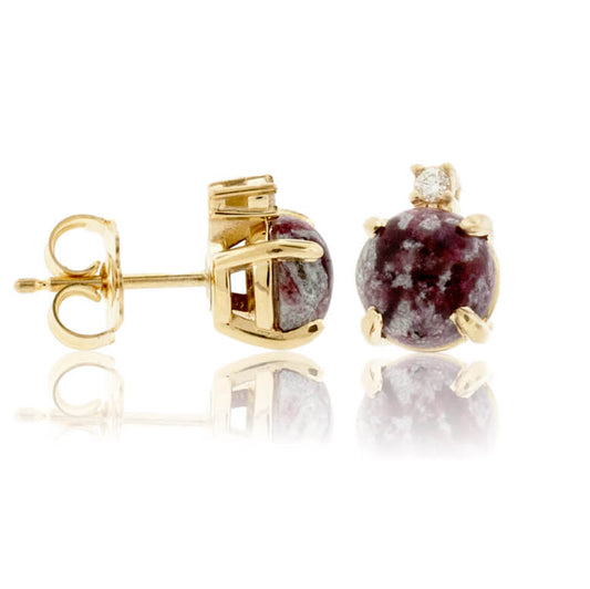 Red Emerald Cabochon & Single Diamond Slight Drop Earrings - Park City Jewelers