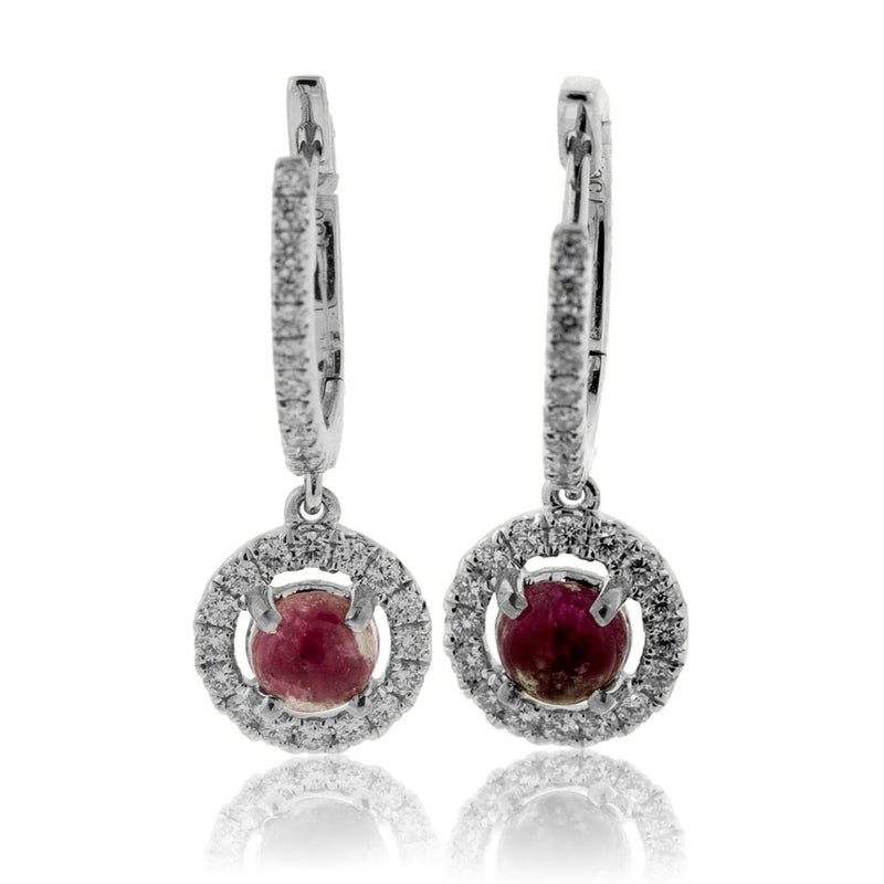 Red Emerald Cabochon with Diamond Halo Dangle Earrings - Park City Jewelers