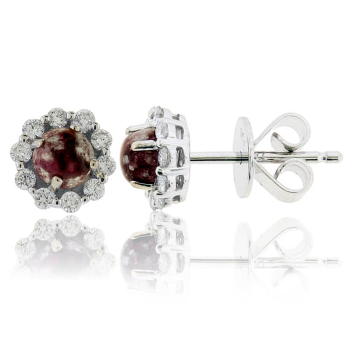 Red Emerald Cabochon with Diamond Halo Earrings - Park City Jewelers