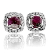 Red Emerald Cabochon with Diamond Halo Post Earrings - Park City Jewelers