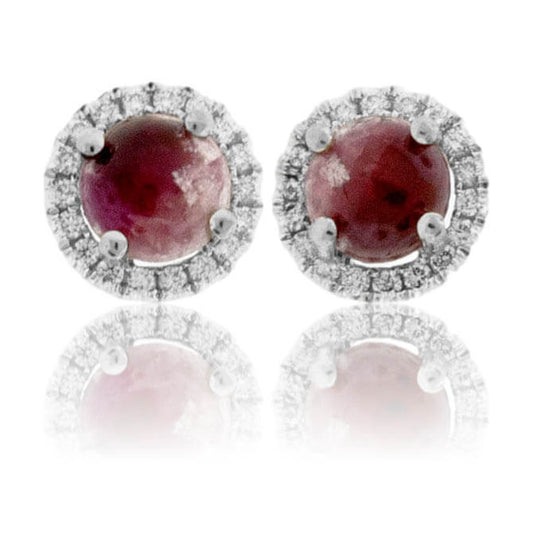 Red Emerald Cabochon with Diamond Halo Post Earrings - Park City Jewelers