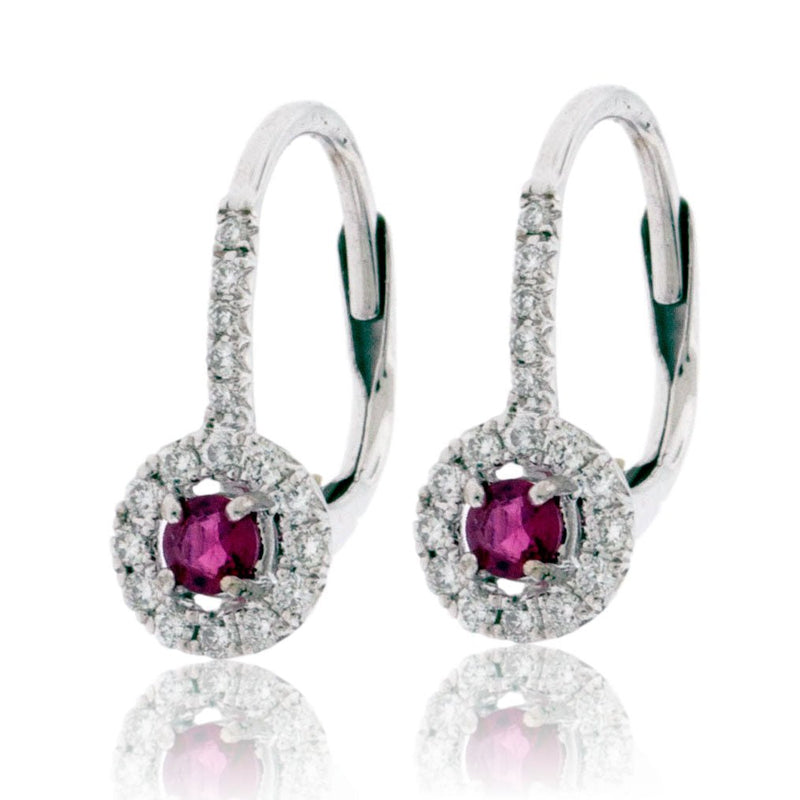 Red Emerald Dangle Earrings with Diamond Halo in White Gold - Park City Jewelers