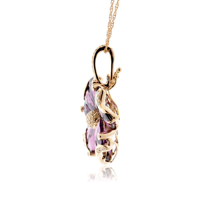 Rhodolite Garnet and Diamond Flower Style Drop Pendant - Park City Jewelers