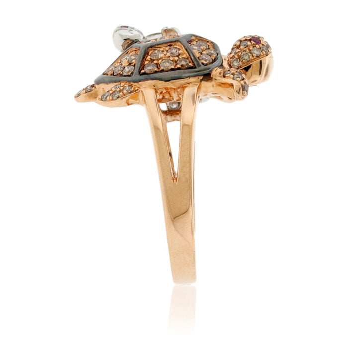 Rose and White Gold Diamond and Ruby Turtle with Baby Turtle Ring - Park City Jewelers