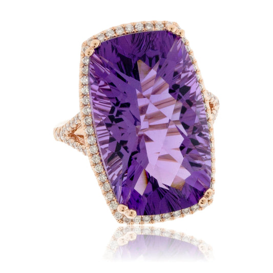 Rose Gold Fancy Shaped Amethyst with Diamond Halo Ring - Park City Jewelers