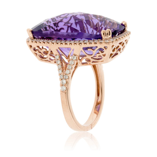 Rose Gold Fancy Shaped Amethyst with Diamond Halo Ring - Park City Jewelers