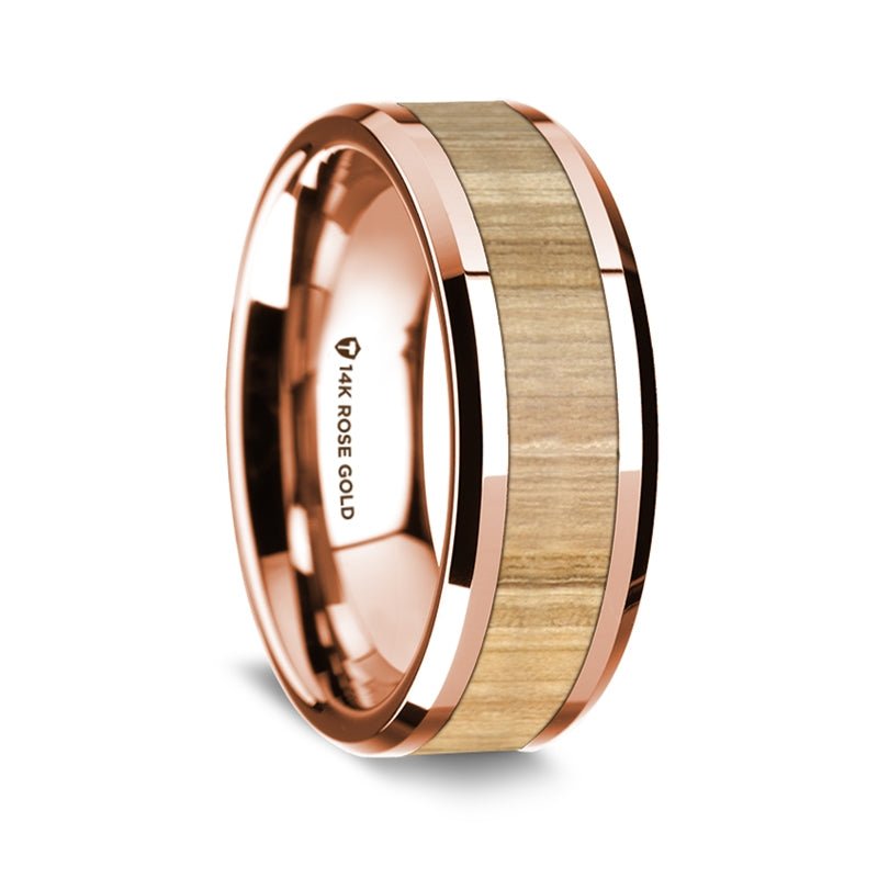Rose Gold Polished Beveled Edges Wedding Ring with Ash Wood Inlay - Park City Jewelers