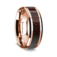 Rose Gold Polished Beveled Edges Wedding Ring with Bubinga Wood Inlay - Park City Jewelers