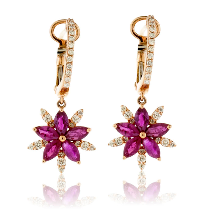 Rose Gold Ruby and Diamond Snowflake or Flower Style Earrings - Park City Jewelers
