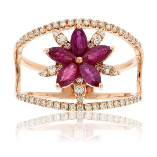 Rose Gold Ruby Flower and Diamond Ring - Park City Jewelers