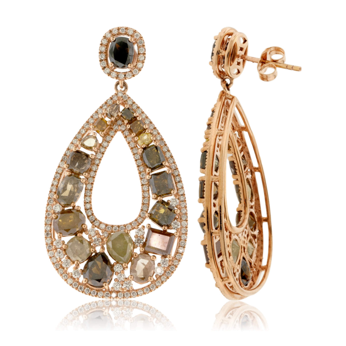 Rose Gold Rustic Diamond and Diamond Dangle Earrings - Park City Jewelers