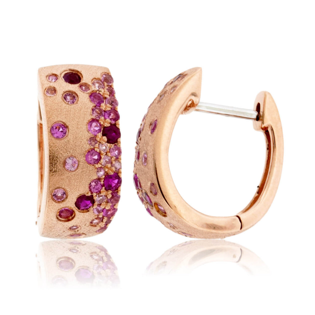 Rose Gold Satin Finish Flush Set Ruby & Sapphire Earrings - Park City Jewelers
