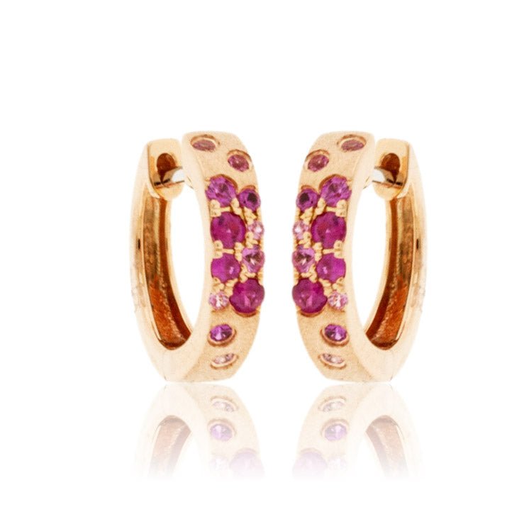 Rose Gold Satin Finish Flush Set Ruby & Sapphire Earrings - Park City Jewelers