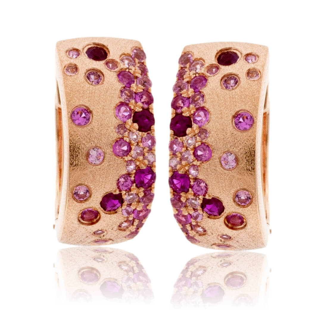 Rose Gold Satin Finish Flush Set Ruby & Sapphire Earrings - Park City Jewelers