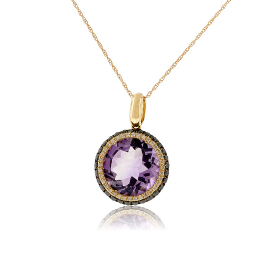 Round Amethyst & Diamond & Black Diamond Halo Pendant - Park City Jewelers
