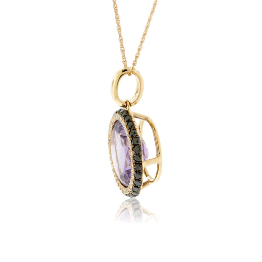 Round Amethyst & Diamond & Black Diamond Halo Pendant - Park City Jewelers