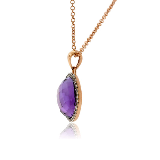 Round Amethyst & Diamond Halo Pendant w/Chain - Park City Jewelers