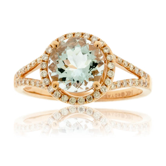 Round Aquamarine and Diamond Rose Gold Split Shank Ring - Park City Jewelers