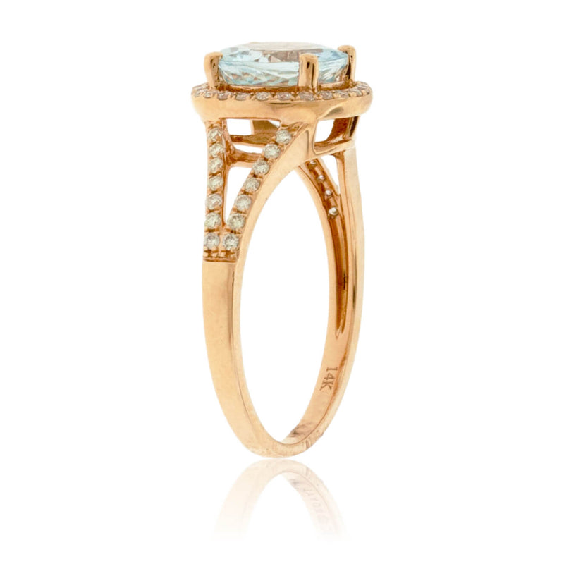 Round Aquamarine and Diamond Rose Gold Split Shank Ring - Park City Jewelers