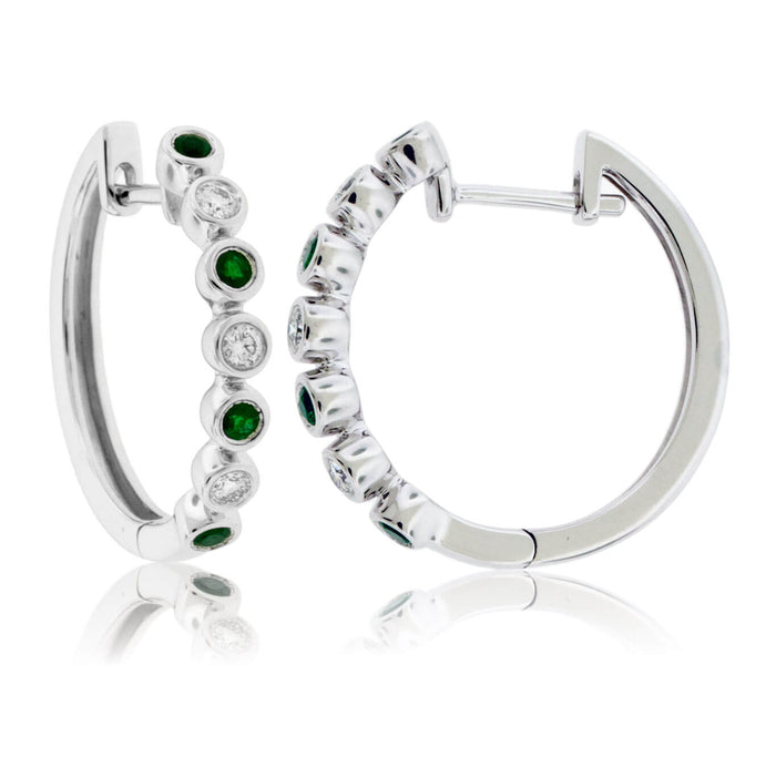 Round Bezel Set Emerald & Diamond Hoop Earrings - Park City Jewelers