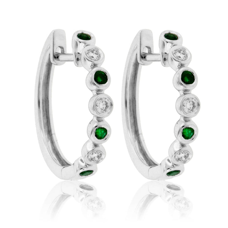 Round Bezel Set Emerald & Diamond Hoop Earrings - Park City Jewelers