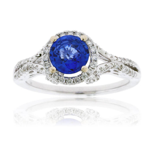 Round Blue Sapphire and Diamond Halo Ring - Park City Jewelers