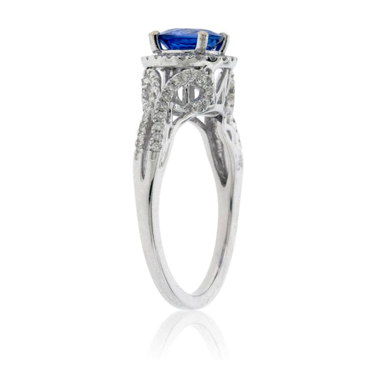 Round Blue Sapphire and Diamond Halo Ring - Park City Jewelers