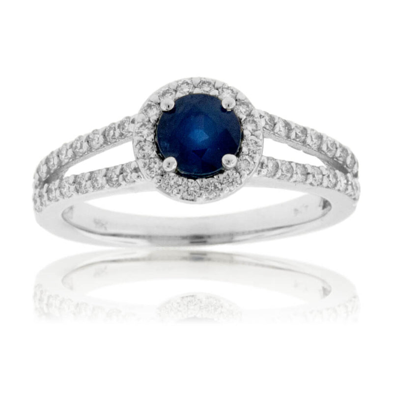 Round Blue Sapphire & Diamond Halo Split Shank Ring - Park City Jewelers