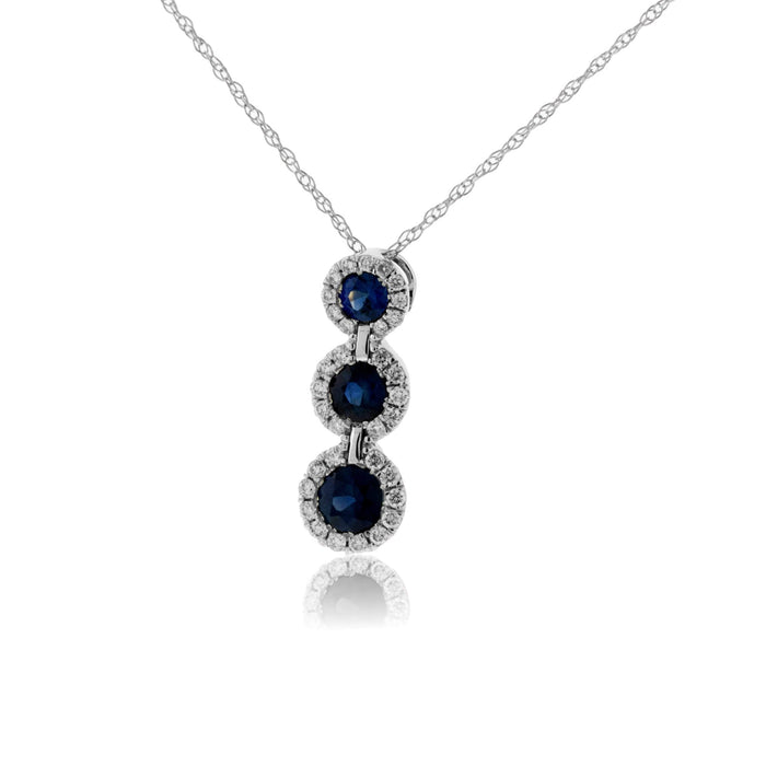 Round Blue Sapphire Three Stone Drop Style Pendant - Park City Jewelers