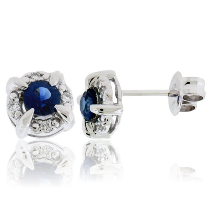 Round Blue Sapphire with Diamond Halo Stud Earrings - Park City Jewelers