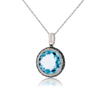 Round Blue Topaz & Diamond & Black Diamond Halo Pendant - Park City Jewelers