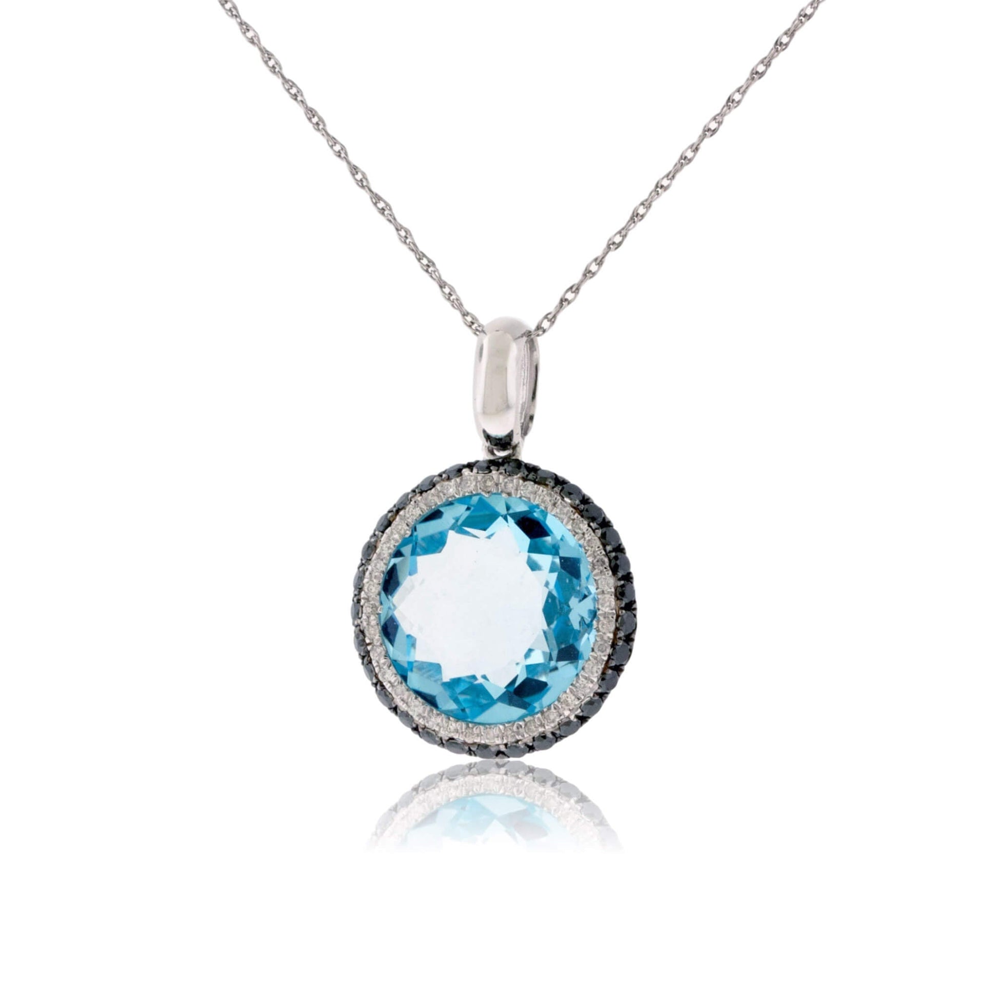 Round Blue Topaz & Diamond & Black Diamond Halo Pendant - Park City Jewelers