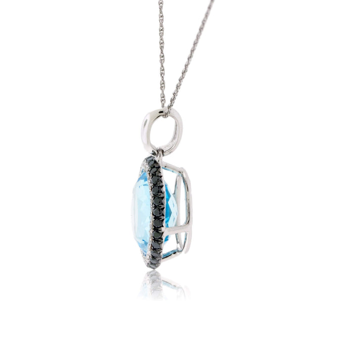 Round Blue Topaz & Diamond & Black Diamond Halo Pendant - Park City Jewelers
