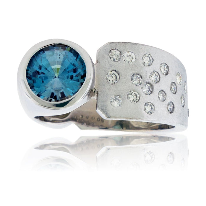 Round Blue Zircon, Diamond Flush Set, Barrel Style Ring - Park City Jewelers