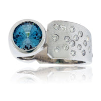 Round Blue Zircon, Diamond Flush Set, Barrel Style Ring - Park City Jewelers