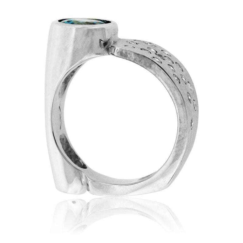 Round Blue Zircon, Diamond Flush Set, Barrel Style Ring - Park City Jewelers