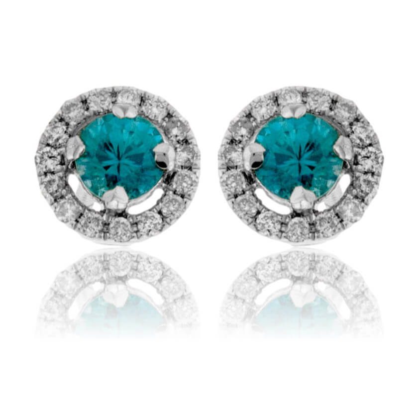 Round Blue Zircon & Diamond Halo Stud Post Earrings - Park City Jewelers