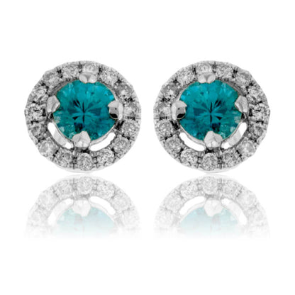 Round Blue Zircon & Diamond Halo Stud Post Earrings - Park City Jewelers