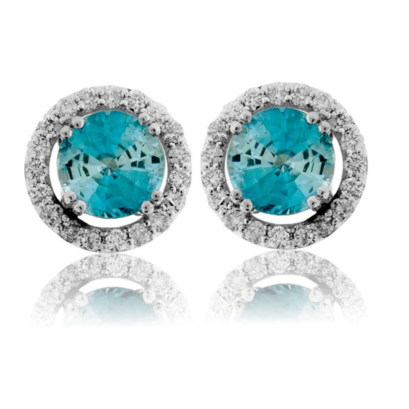Round Blue Zircon & Diamond Halo Stud Post Earrings - Park City Jewelers