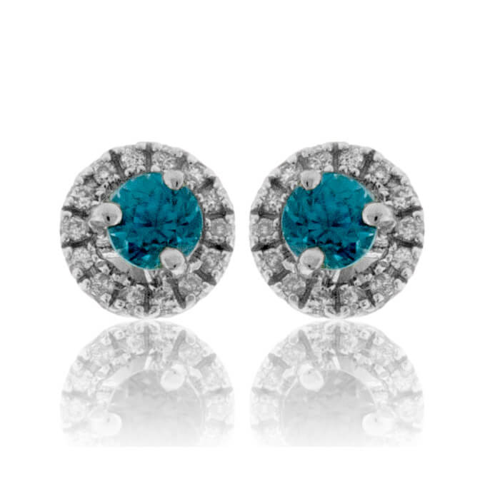 Round Blue Zircon & Diamond Halo Stud Post Earrings - Park City Jewelers