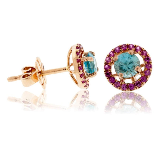 Round Blue Zircon & Pink Sapphire Halo Post Earrings - Park City Jewelers
