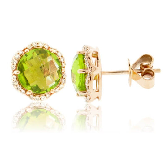 Round Checkerboard Peridot and Diamond Stud Halo Earrings - Park City Jewelers