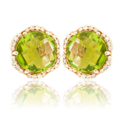 Round Checkerboard Peridot and Diamond Stud Halo Earrings - Park City Jewelers