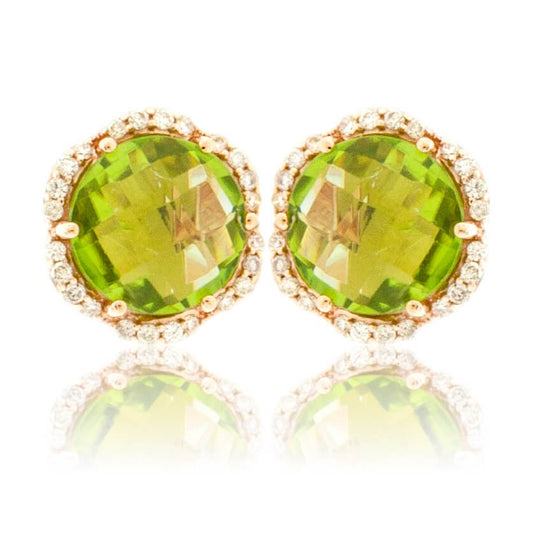 Round Checkerboard Peridot and Diamond Stud Halo Earrings - Park City Jewelers
