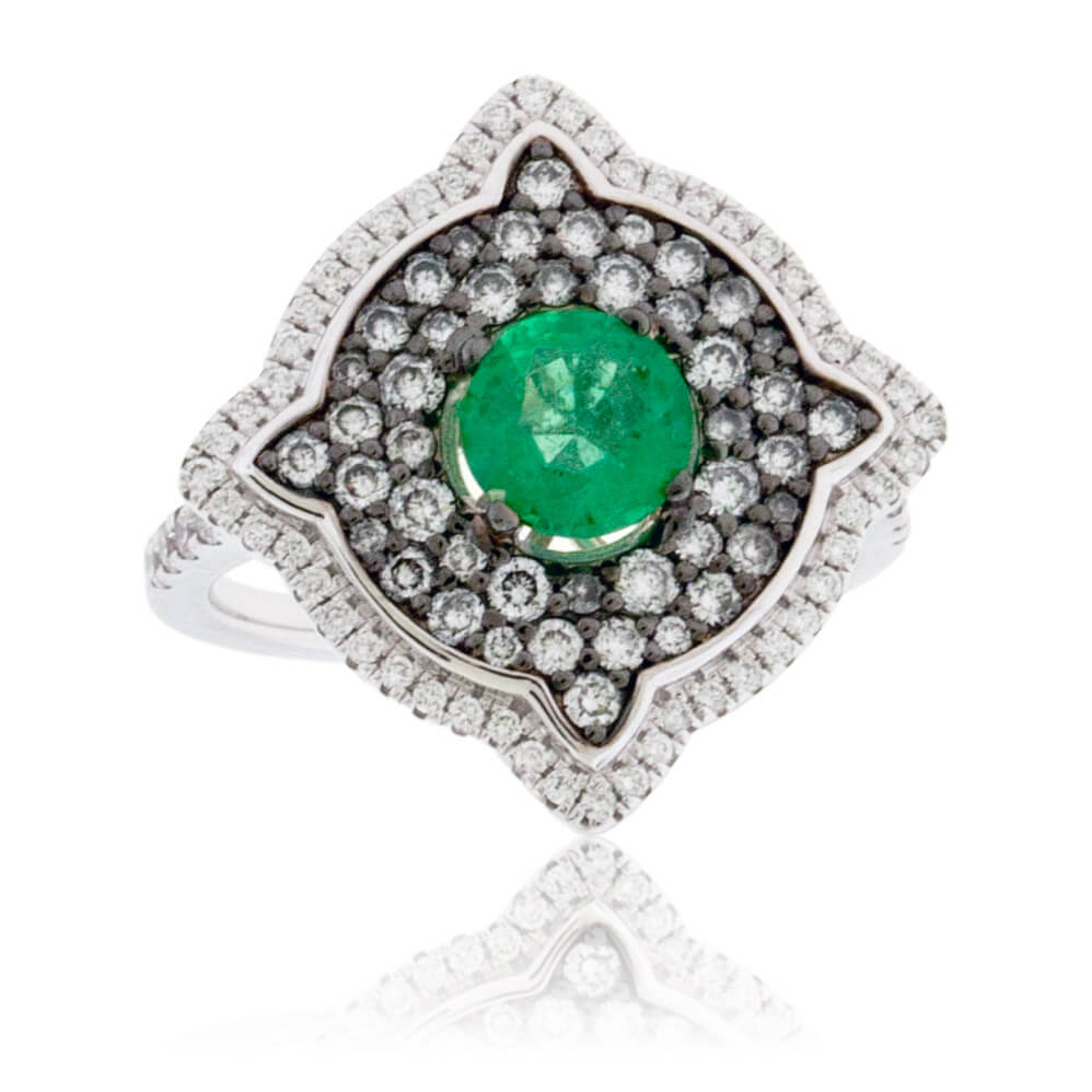 Round-Cut Emerald & Diamond Expanded Halo Ring - Park City Jewelers