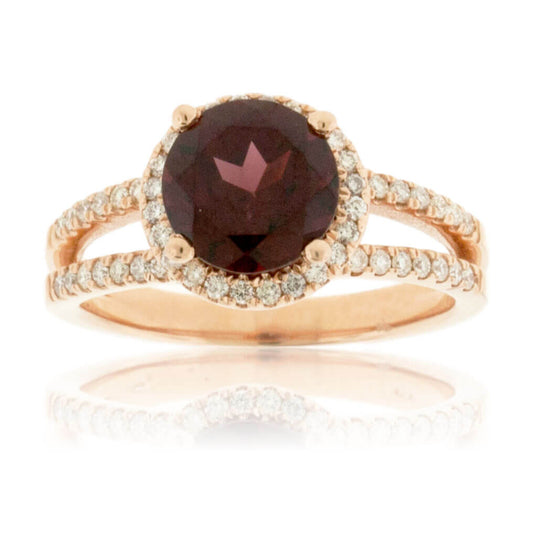 Round Garnet and Diamond Split Shank Style Rose Gold Ring - Park City Jewelers