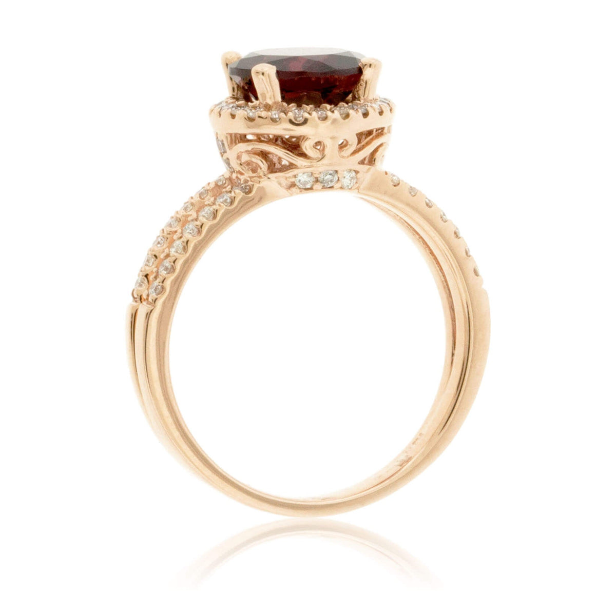 Round Garnet and Diamond Split Shank Style Rose Gold Ring - Park City Jewelers