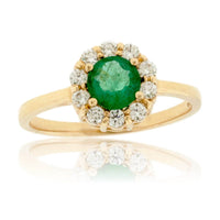 Round Green Emerald & Diamond Halo Style Yellow Gold Ring - Park City Jewelers